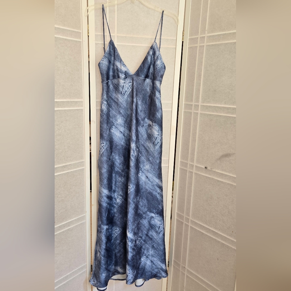 Zara  Blogger Favorite Blue Denim Print Satin Effect Slip Dress